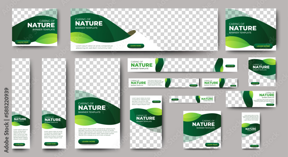 Nature banner design web template Set, Horizontal header web banner. Modern Gradient green cover header background for website design, Social Media Cover ads banner, flyer, invitation card