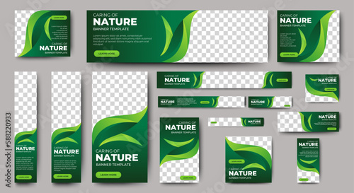 Nature banner design web template Set, Horizontal header web banner. Modern Gradient green cover header background for website design, Social Media Cover ads banner, flyer, invitation card