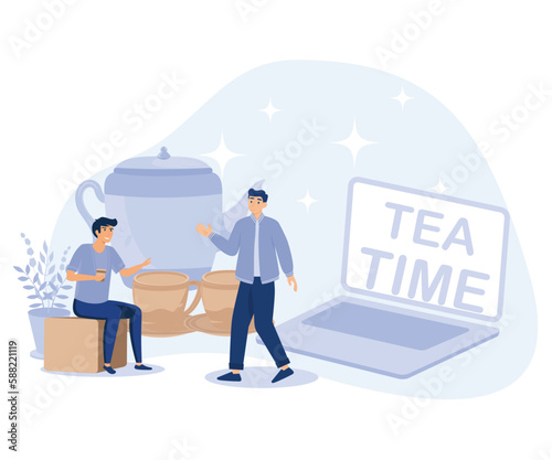 Tea time concept. Hot drinks party. Tiny people drinking tea. Kettle, cup, lemon slice and sugar cubes. flat vector modern illustration