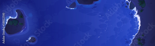 Night sand beach top view vector background. Island in sea water summer cartoon travel illustration. Dark ocean shore tropical landscape journey banner template. Blue Hawaii resort coastline leaflet.