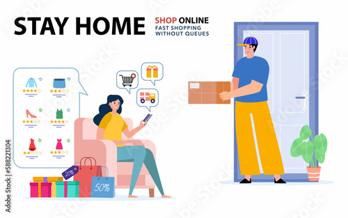 Woman sitting on the sofa and ordering products, concept of stay home shop online, free home delivery.
