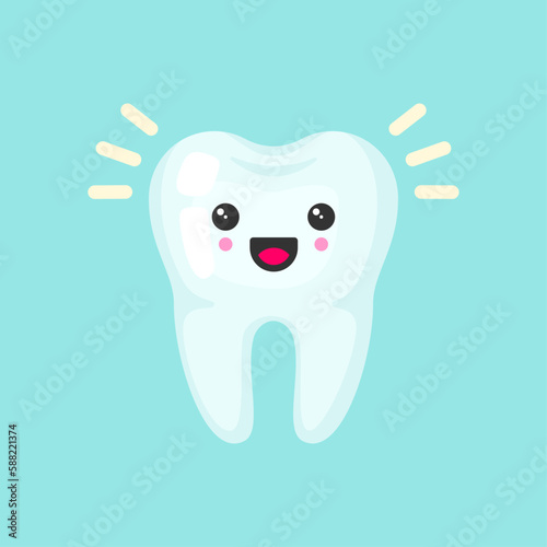Shiny clean tooth with emotional face, cute colorful vector icon illustration