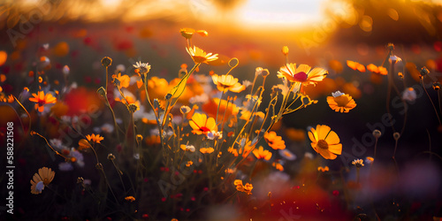 a vibrant field of wildflowers, bathed in a warm, golden glow, expertly emphasizing the rich textures and vivid colors of the wildflower meadow-generative ai.  © Avalga