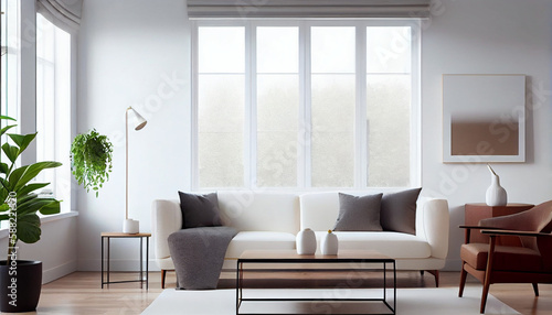 modern  minimalist living room interior  featuring large windows that flood the space with natural light  and clean linescreating an atmosphere of simplicity  functionality  and comfort  generative ai