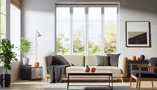modern  minimalist living room interior  featuring large windows that flood the space with natural light  and clean linescreating an atmosphere of simplicity  functionality  and comfort  generative ai
