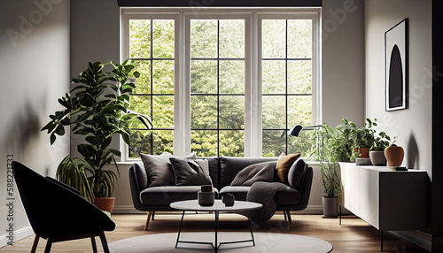 modern, minimalist living room interior, featuring large windows that flood the space with natural light, and clean linescreating an atmosphere of simplicity, functionality, and comfort generative ai