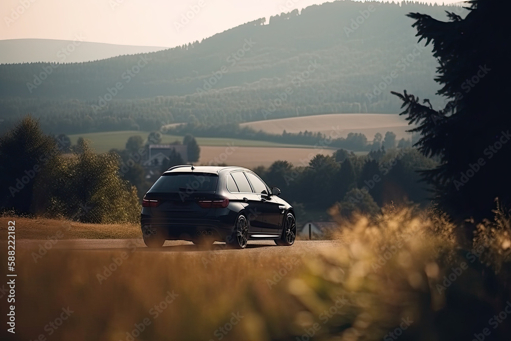 Fototapeta premium A black car on the road against the backdrop of a beautiful rural landscape with copy space