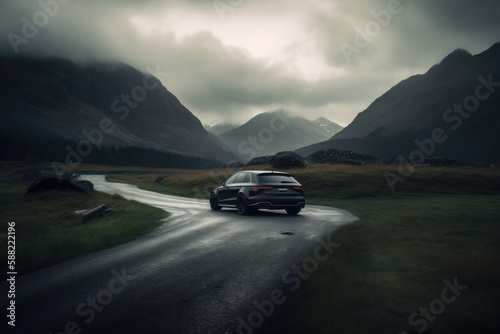A black car on the road against the backdrop of a beautiful rural landscape with copy space