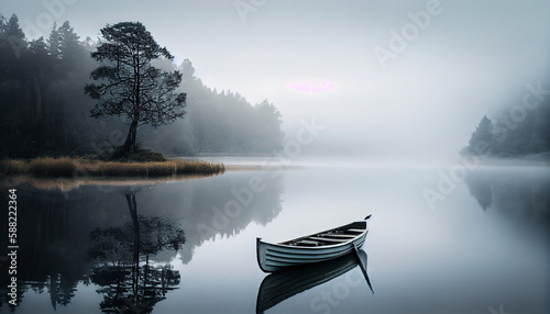 La solitary boat on a serene lake, under a clear sky, representing peace and simplicity.in style of minimalism. underscoring the calming simplicity and the quiet beauty of the Nature