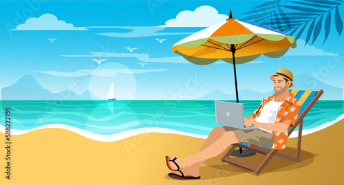 Handsome man relaxation and working with laptop on a sandy beach. destination for summer travel holidays concept.