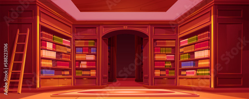 Cartoon library interior with bookshelf vector background. Wooden ladder near bookcase on carpet at home illustration. Empty librarian storage with shelf in university for education and reading.