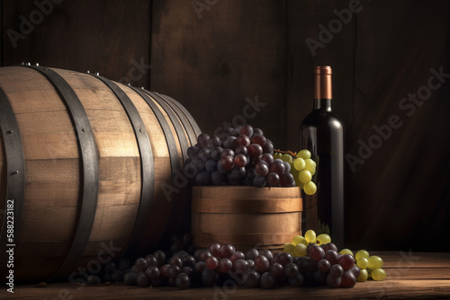 Wine beverage concept. Purple and green grapes, wooden wine barrel, wine bottles, and wine glass placed on wooden table with copy space. Rural and grunge style. Generative AI
