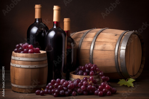 Wine beverage concept. Purple grapes, wooden wine barrel, wine bottles, and wine glass placed on wooden table with copy space. Rural and grunge style. Generative AI