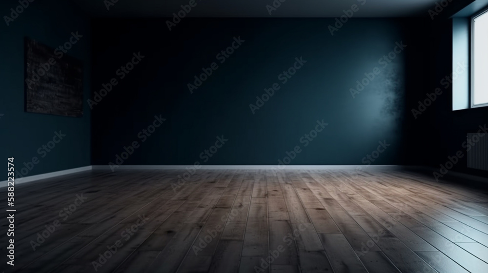blank Dark blue wall in an empty room with a wooden floor. front view. Generated AI blank Dark blue wall in an empty room with a wooden floor. front view. Generated AI