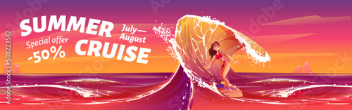 Surfer girl on sunset sea wave cartoon illustration. Happy female character in bikini ride with surfboard in ocean in summer cruise. Special offer for adventure vacation with waves vector background.