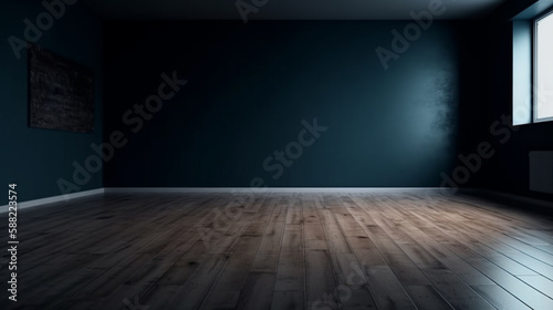 Wallpaper Mural blank Dark blue wall in an empty room with a wooden floor. front view. Generated AI Torontodigital.ca