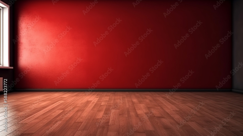 blank red wall in an empty room with a wooden floor. front view. Generated AI blank red wall in an empty room with a wooden floor. front view. Generated AI