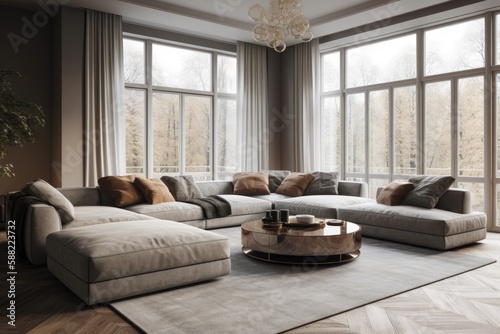 spacious living room with ample natural light and comfortable furniture. Generative AI © AkuAku