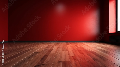 blank red wall in an empty room with a wooden floor. front view. Generated AI © bahadirbermekphoto