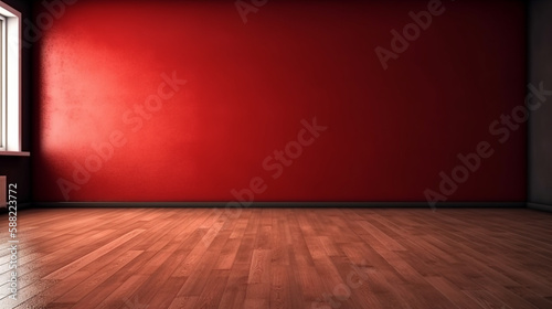blank red wall in an empty room with a wooden floor. front view. Generated AI © bahadirbermekphoto