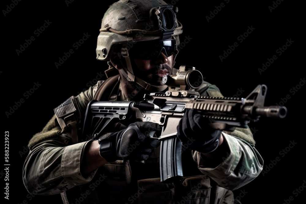 Sniper standing with rifle, generative AI Sniper standing with rifle, generative AI