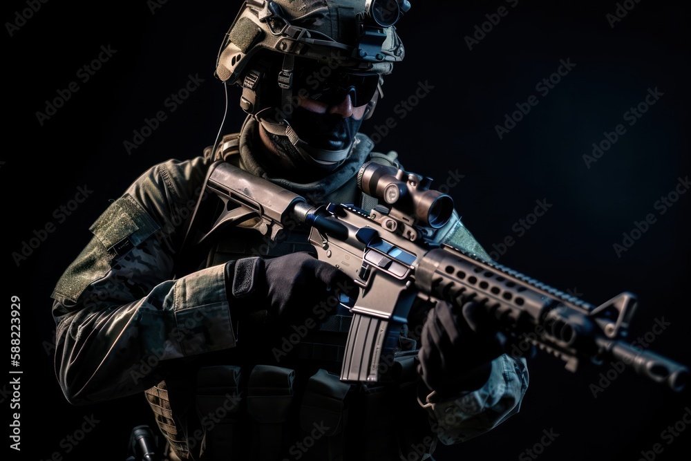 Sniper standing with rifle, generative AI Sniper standing with rifle, generative AI