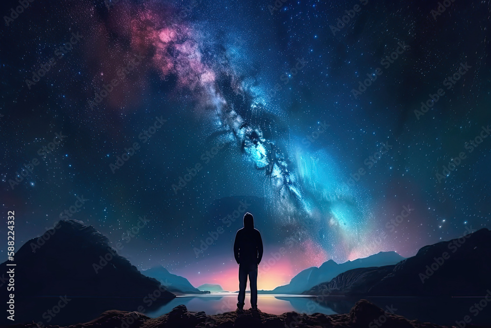 Fototapeta premium lonely boy standing by a lake and looking at the stars, Generative AI