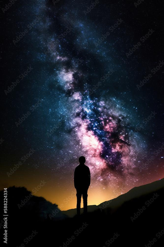 silhouette of a lonely boy looking at the stars, nebula in space, Generative AI