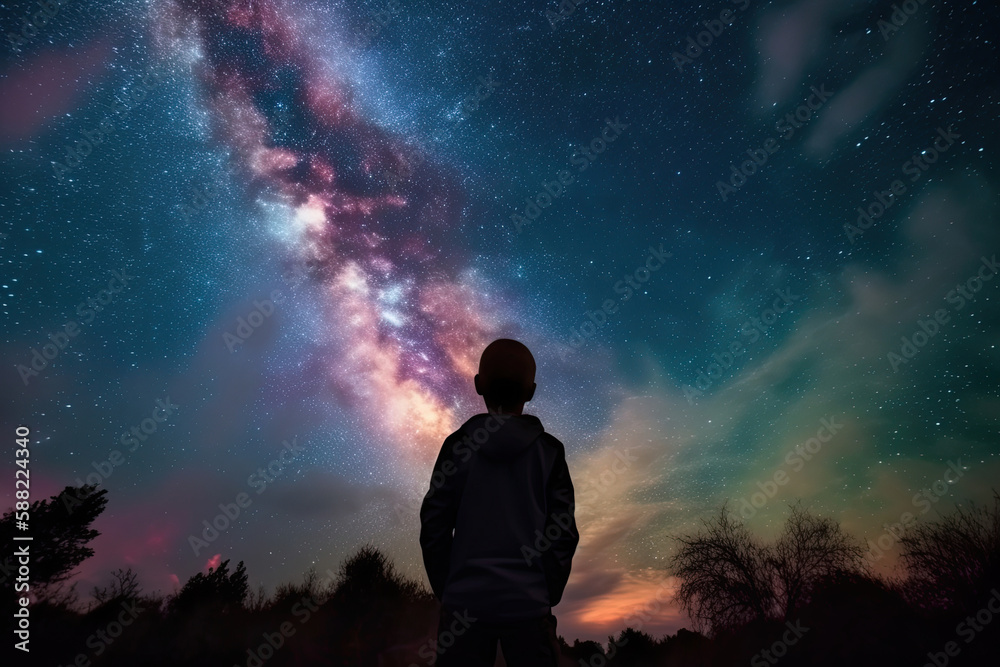 boy looking at the stars in space, lonely, copy space, Generative AI