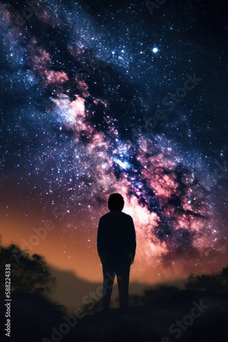 boy looking at the stars in the night sky, standing alone, Generative AI