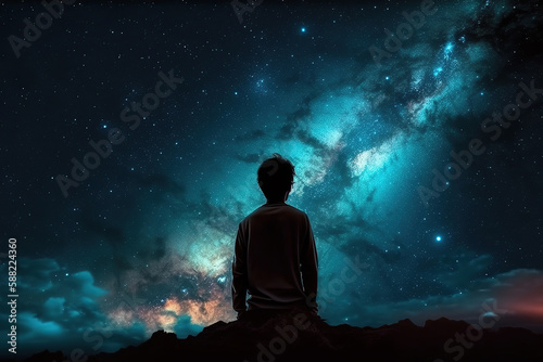 lonely boy looking at all the stars in the night sky, Generative AI