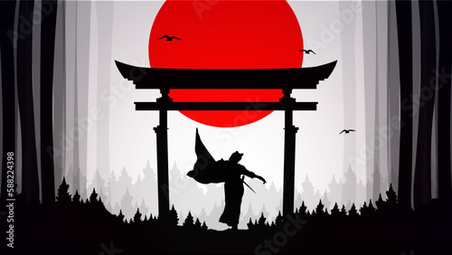 lady Samurai with red moon wallpaper. samurai with mask wallpaper. japanese samurai background. japan theme background.