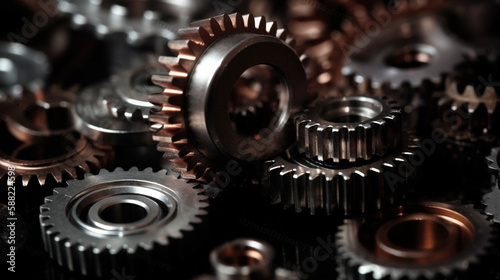 macro view of the set of metal shiny gears or cogwheels Generated AI
