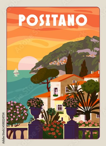 Positano Coast Italy, mediterranean romantic landscape, mountains, seaside town, sea. Retro poster travel
