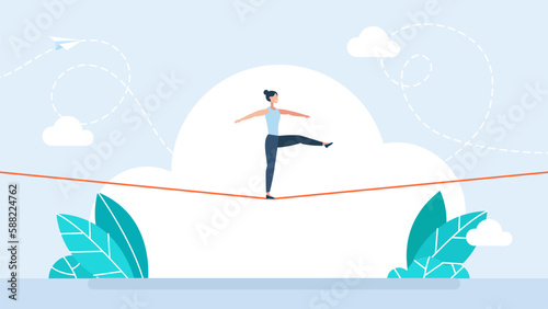 Business risk and professional strategy concept. Woman walking on balancing slackline rope. Conquering adversity problems solution. Businesswoman walking on rope. Flat style. Vector illustration