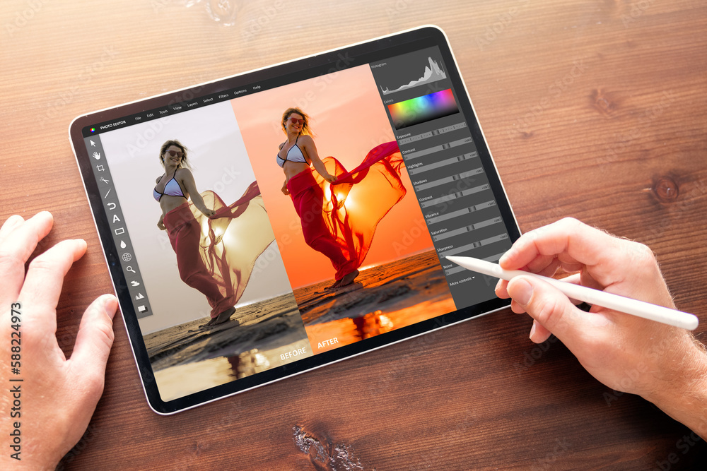 Photographer editing photo on digital tablet, before and after color  correction Photos | Adobe Stock