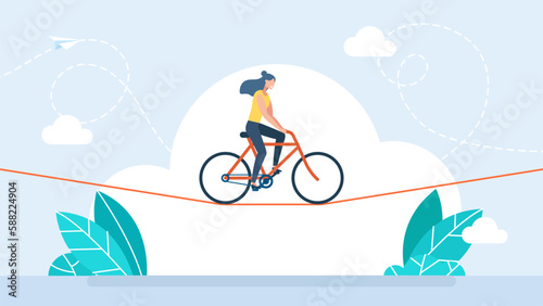 Businesswoman is riding a bicycle on rope. Acrobat, performer, challenge concept. Young woman acrobat circus artist riding on bike on rope over blue sky. Confidence skill success. Vector illustration