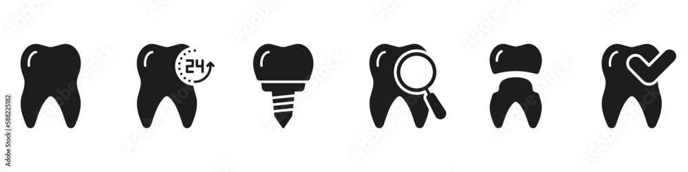 Orthodontic Procedure and Diagnostic Silhouette Icon Set. Tooth Health Checkup. Dental Protection and Prevention Glyph Pictogram. Dental Treatment Sign. Dentistry Symbol. Isolated Vector Illustration Orthodontic Procedure and Diagnostic Silhouette Icon Set. Tooth Health Checkup. Dental Protection and Prevention Glyph Pictogram. Dental Treatment Sign. Dentistry Symbol. Isolated Vector Illustration