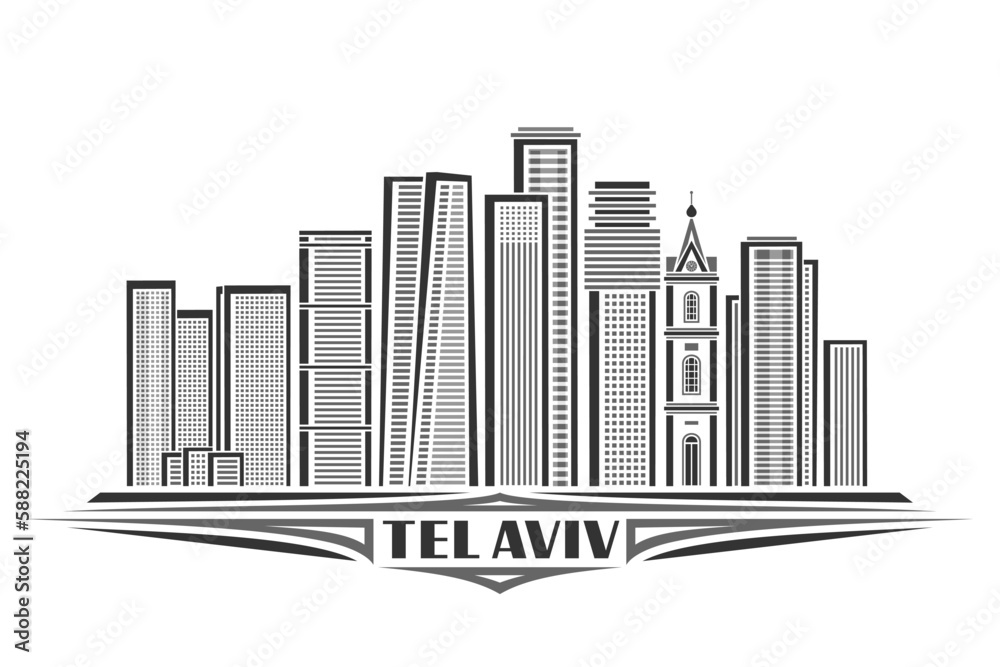 Vector illustration of Tel Aviv, monochrome horizontal card with linear design famous israel city scape, black urban line art concept with unique brush lettering for text tel aviv on white background