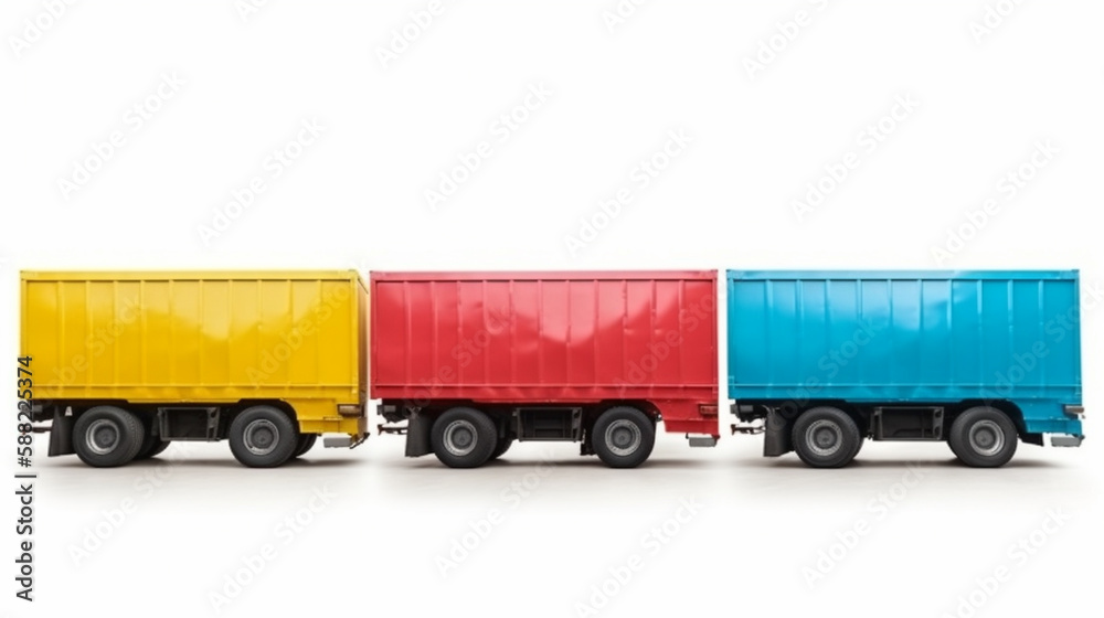 row of color cargo trailer rucks isolated on white background Generated AI row of color cargo trailer rucks isolated on white background Generated AI