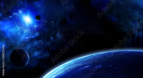 Fototapeta Naklejka Na Ścianę i Meble -  Horizontal galaxy banner. A beautiful space scene with sun, planets and nebula