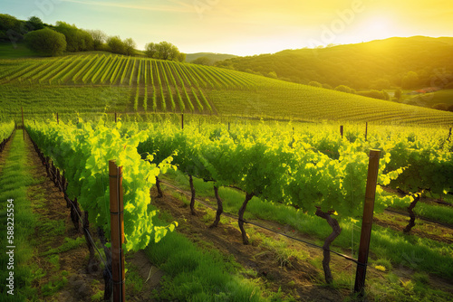 oung Grapevines Embrace the Warmth of Spring in a Picturesque Vineyard - AI Generative