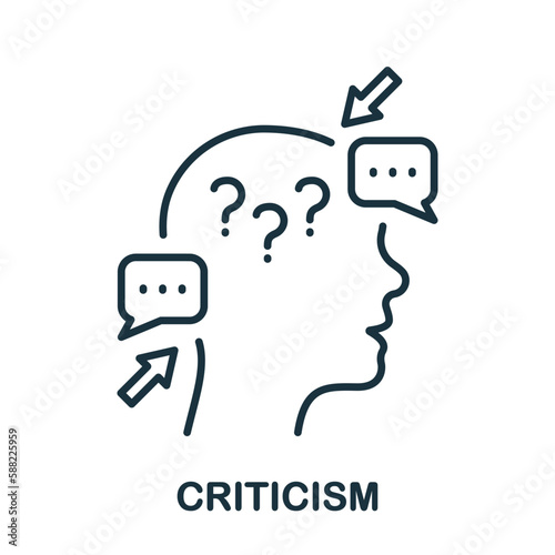 Criticism Line Icon. Angry Swear, Complain, Frustrated Human Outline Sign. Critic Thinking Intellectual Process Symbol. Critical Review Linear Pictogram. Editable Stroke. Isolated Vector Illustration