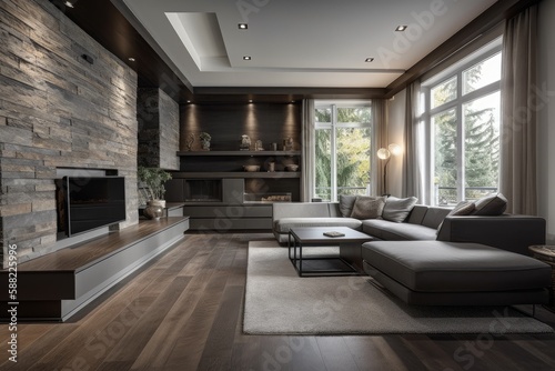 cozy living room with a fireplace, a sofa, and an armchair. Generative AI © AkuAku