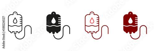 Intravenous Bag for Plasma Donation Black and Color Sign. Blood Transfusion Line and Silhouette Icon Set. Medical Iv Drip Pictogram. Emergency Medicine Symbol Collection. Isolated Vector Illustration