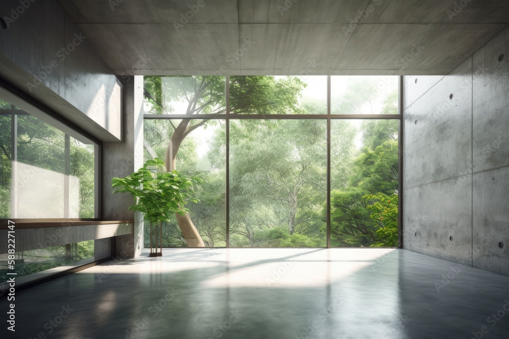 Bright and Airy Room with Large Windows and a Potted Plant. Generative AI Bright and Airy Room with Large Windows and a Potted Plant. Generative AI