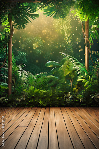 Tropical forest landscape and wooden board front as place for advertisement. Postproducted generative AI illustration.