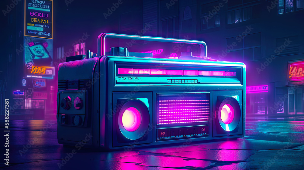 Retro 1980’s radio on a neon illuminated street at night. Postproducted generative AI illustration. Retro 1980’s radio on a neon illuminated street at night. Postproducted generative AI illustration.