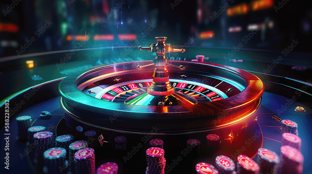 Nightlife with playing classical casino roulette. Postproducted generative AI illustration. - obrazy, fototapety, plakaty 