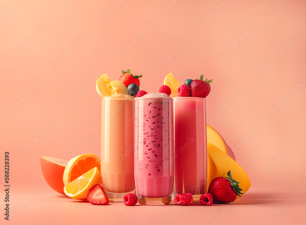 Obraz premium Delicious summer tropical refreshment, delicious fruit smoothie made from exotic fruits, healthy snack and energy for the whole day. Illustration, Generative AI.